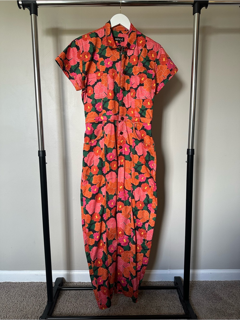 Women's Short-Sleeve Floral Jumpsuit in Orange & Pink - Picture 4 of 6